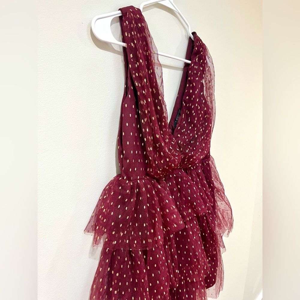 Lulus Forever Sparkling burgundy dotted mesh tiered mini dress size Medium - Picture 4 of 9